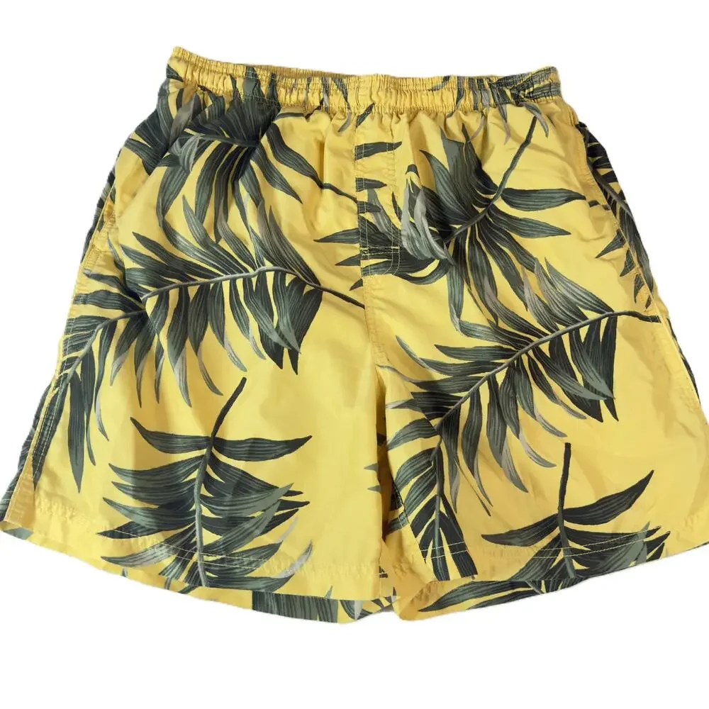 Puritan Men L Swim Trunks Yellow Tropical Leaf Print Lined Board Shorts 36/38